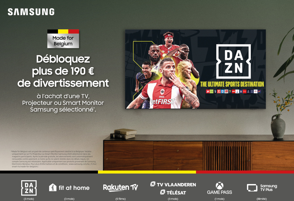 Publicité en français pour Samsung TV, avec TV affichant sports et logo DAZN, et texte en français.