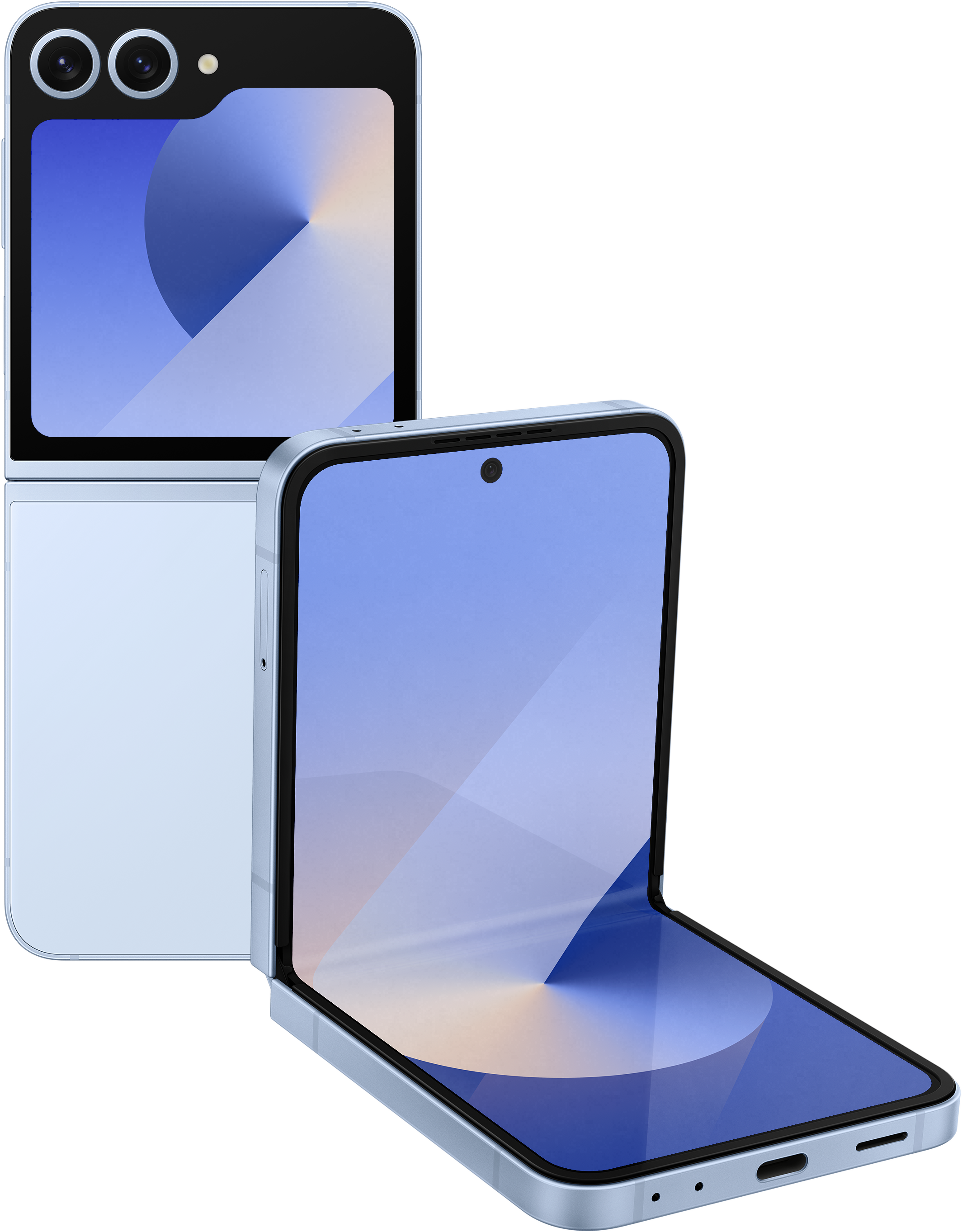 Két összecsukható telefon, egy nyitott, egy zárt, kék kijelzővel.
