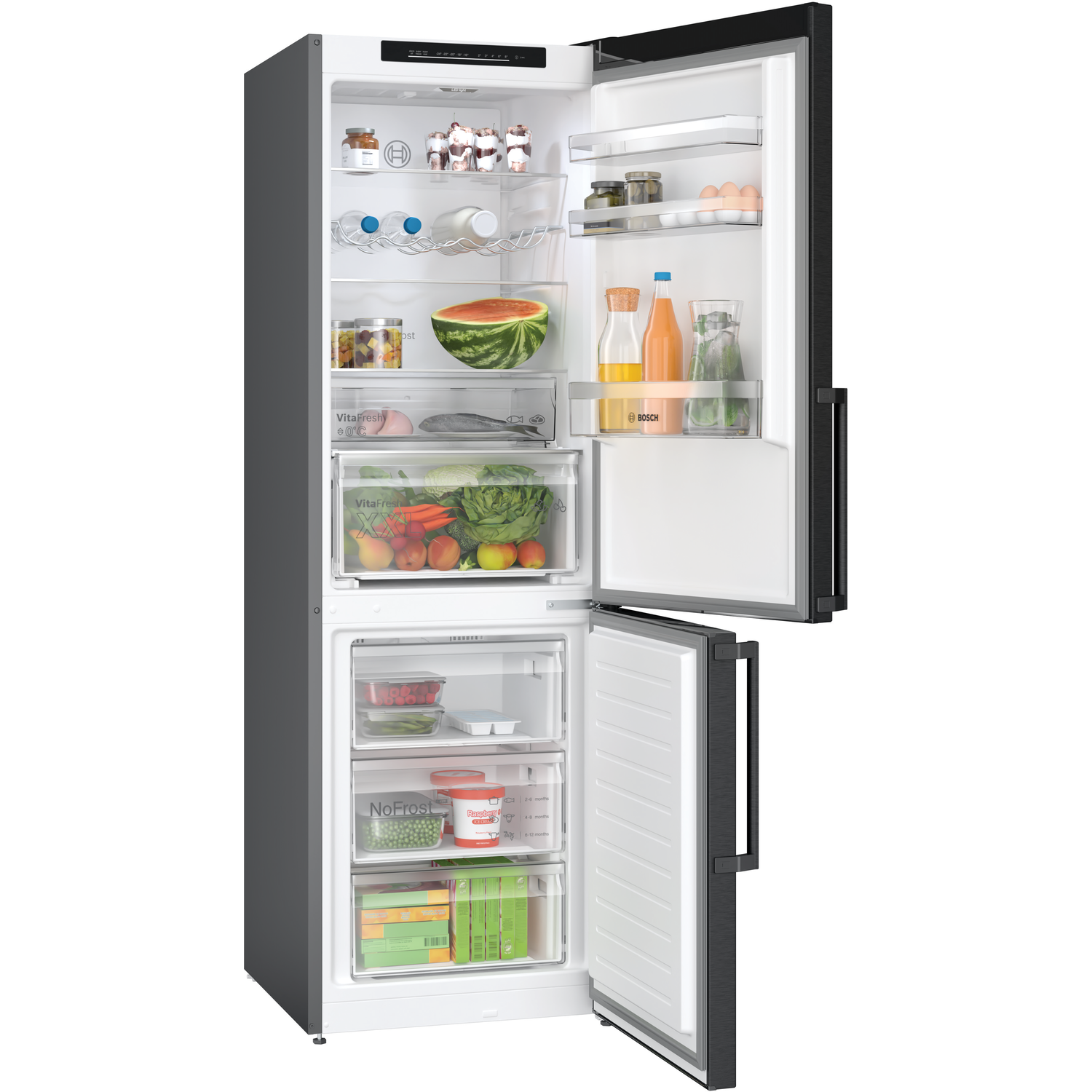 Opened refrigerator showcasing various food items, with freezer below.