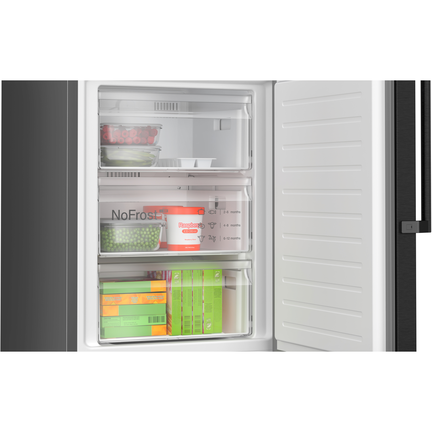 Refrigerator interior with drawers and food items.