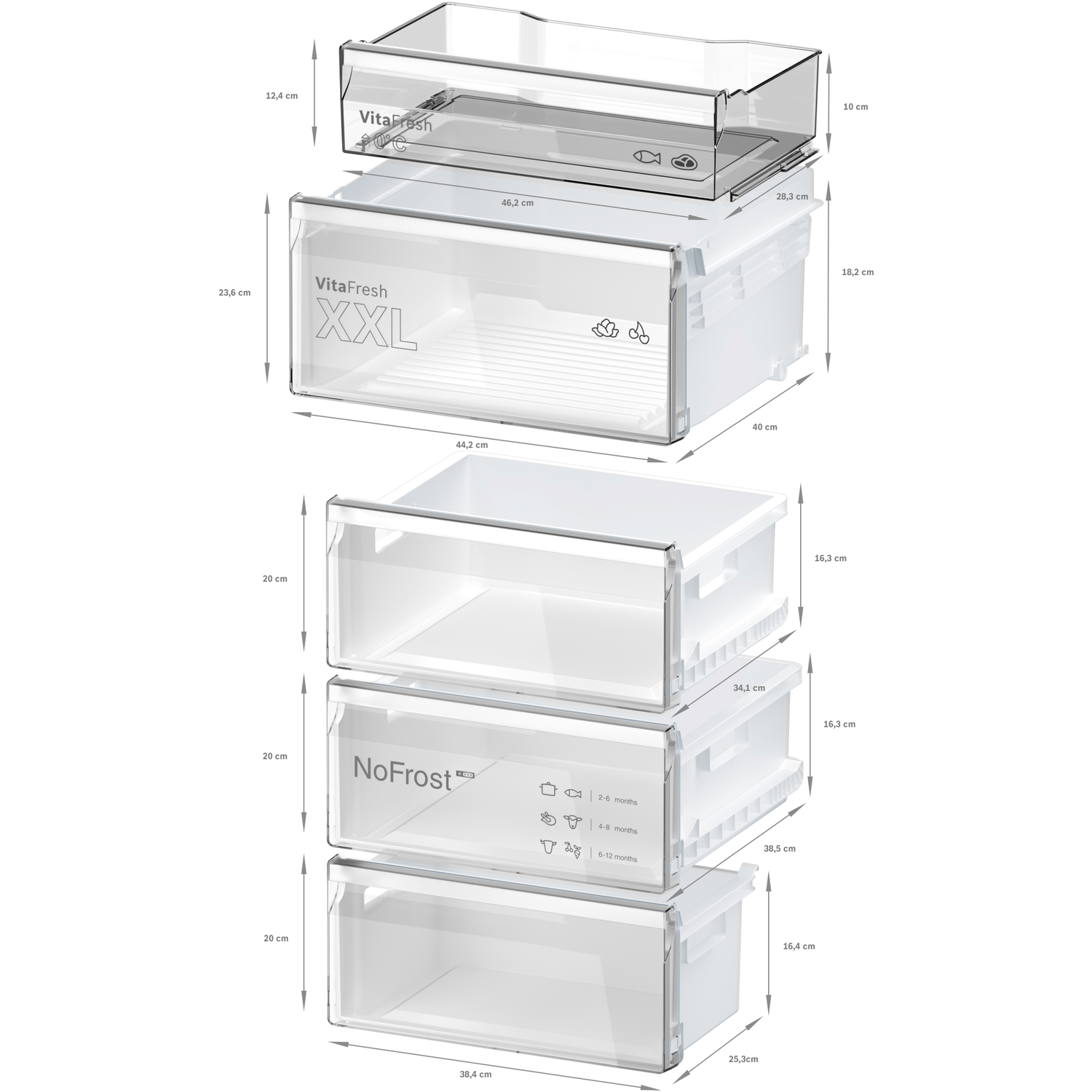 White and transparent refrigerator drawers with dimensions labeled, arranged vertically.