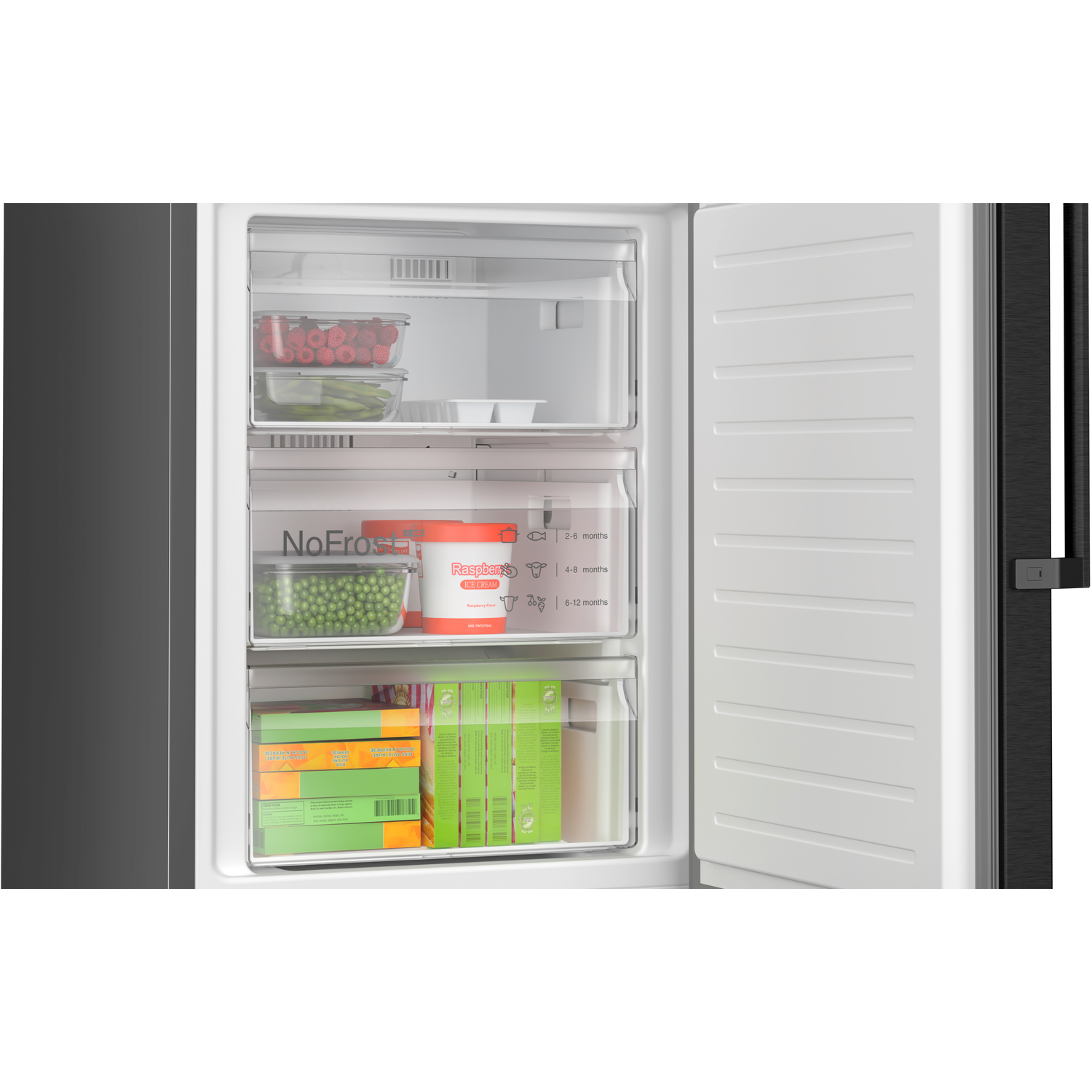 A freezer with drawers filled with food products. The door is open, revealing the contents inside.