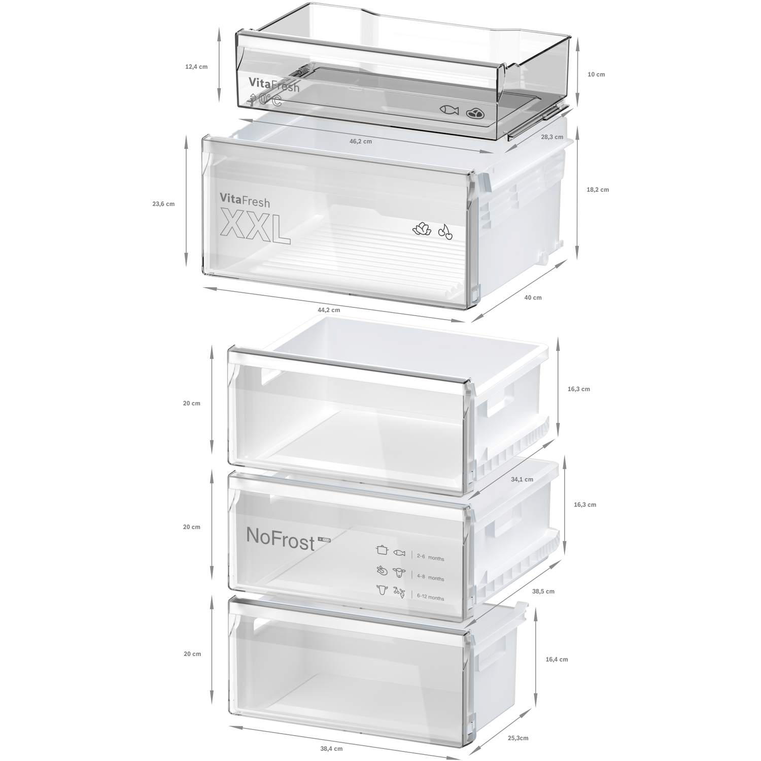 Refrigerator drawers with labels and measurements.