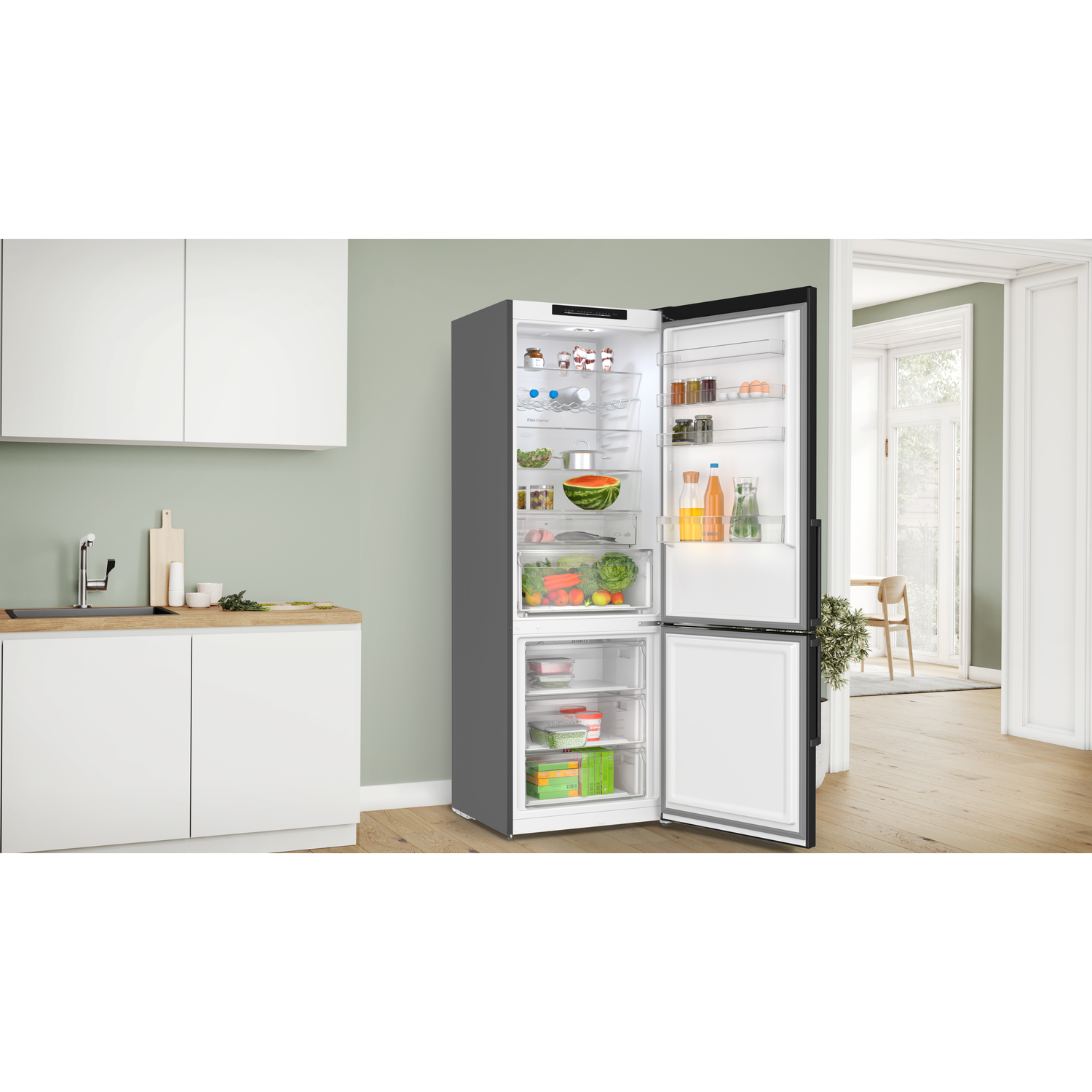 Refrigerator open, showing inside with food.