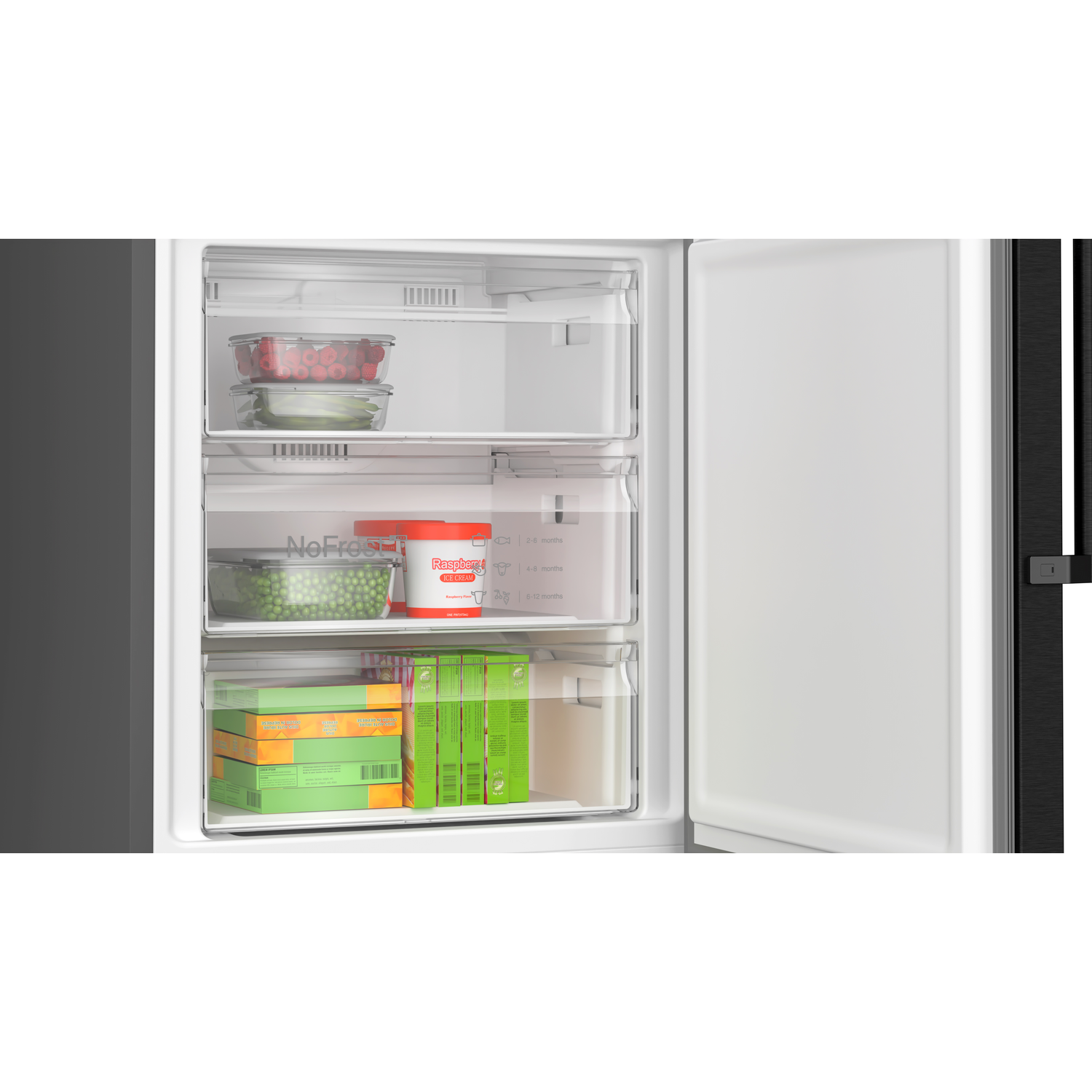 A refrigerator's interior with drawers and shelves containing food items. The door is open.