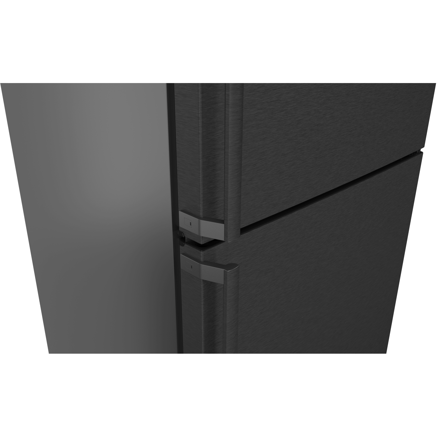 Close-up of a black refrigerator door with a handle.