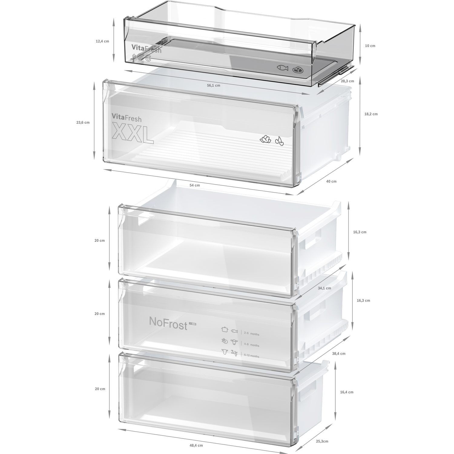 Refrigerator drawers with dimensions labeled. VitaFresh XXL and NoFrost drawers visible.