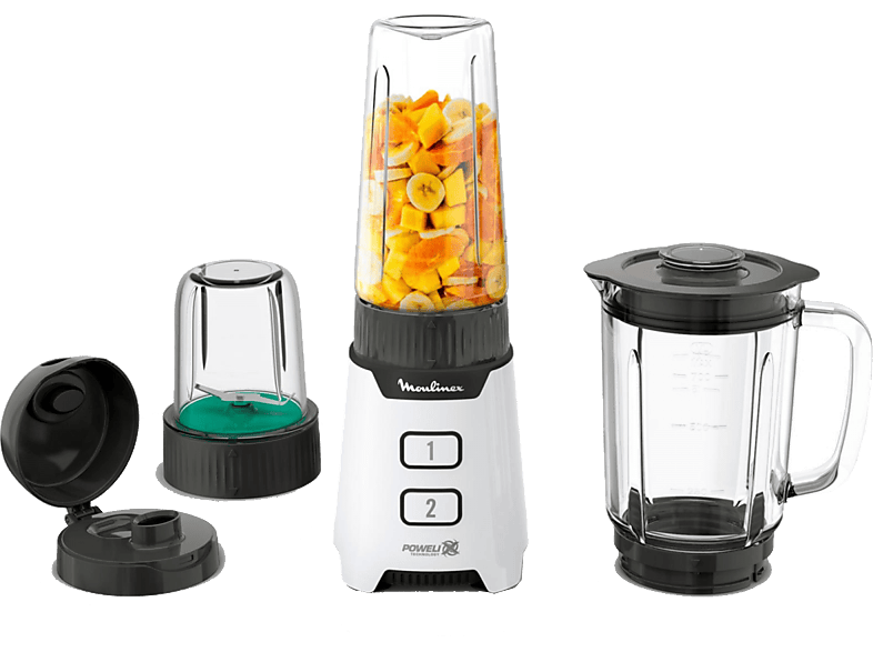 Batidora de vaso - Moulinex LM16L1, 400 W, 1 l, 2 Velocidades, 4 Cuchillas Powelix, Incluye Picadora y Botella 0.6l, Blanco