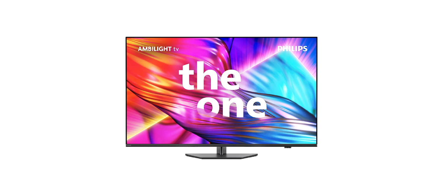 TV Philips Ambilight, marco negro. La pantalla del televisor muestra arte abstracto colorido y texto: 'the one'.