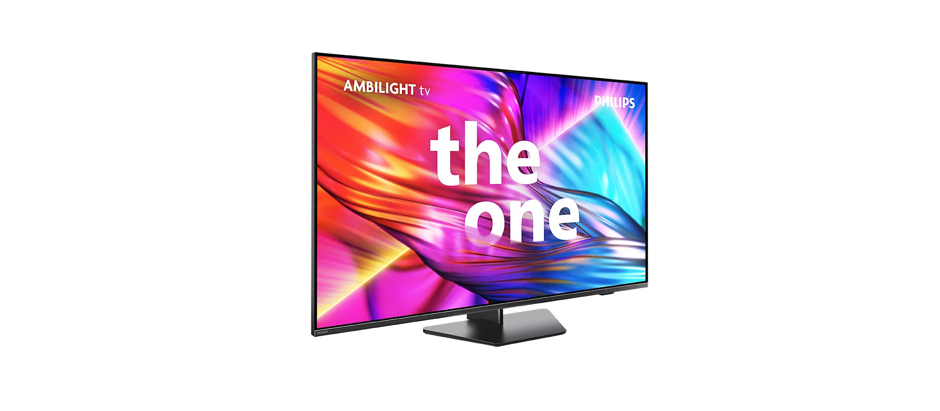 Una pantalla de TV con las palabras 'the one'. El fondo es colorido con rosa y azul.
