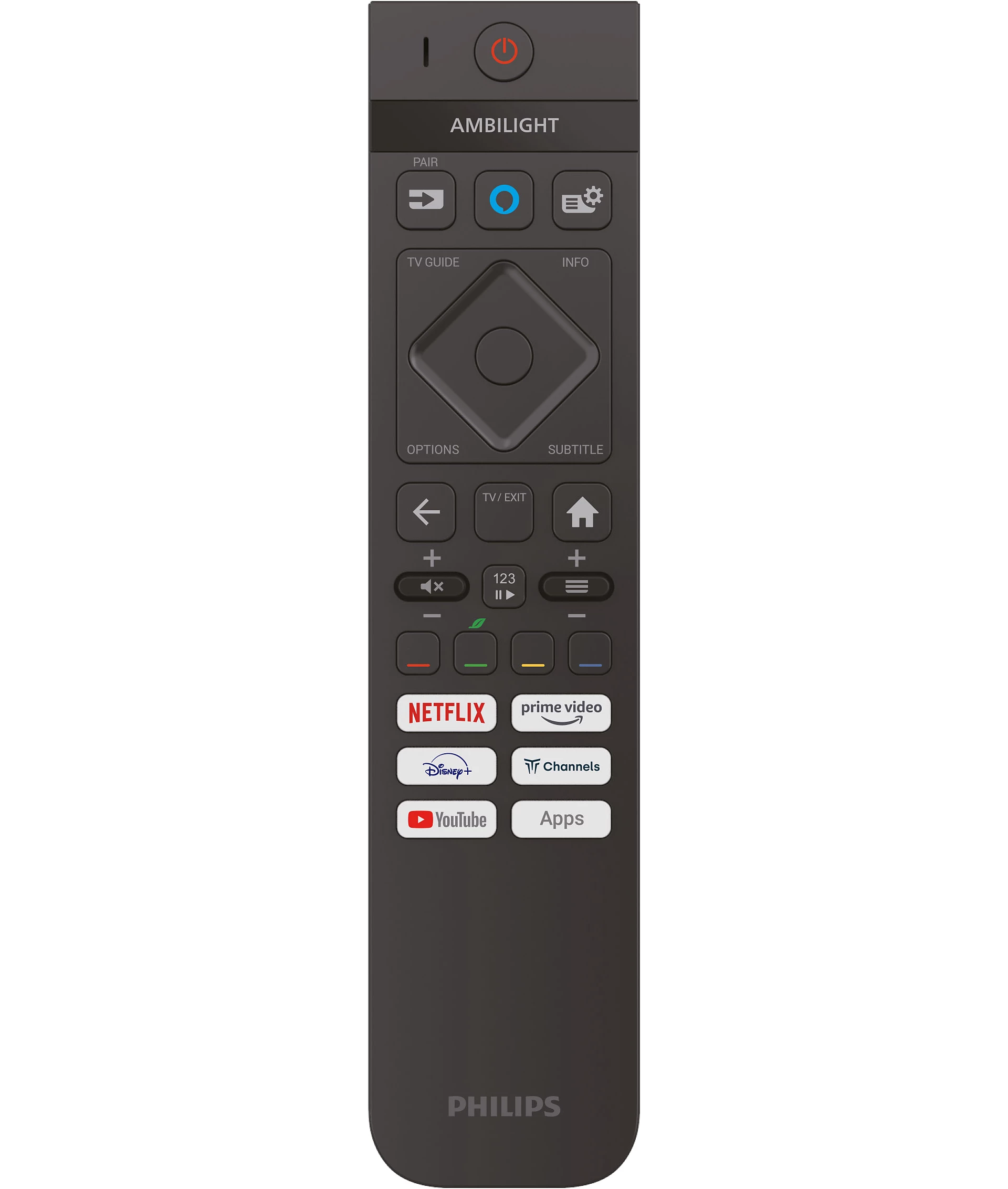 Un mando a distancia Philips negro con botones e iconos de Netflix, Prime Video, Disney+, Youtube.