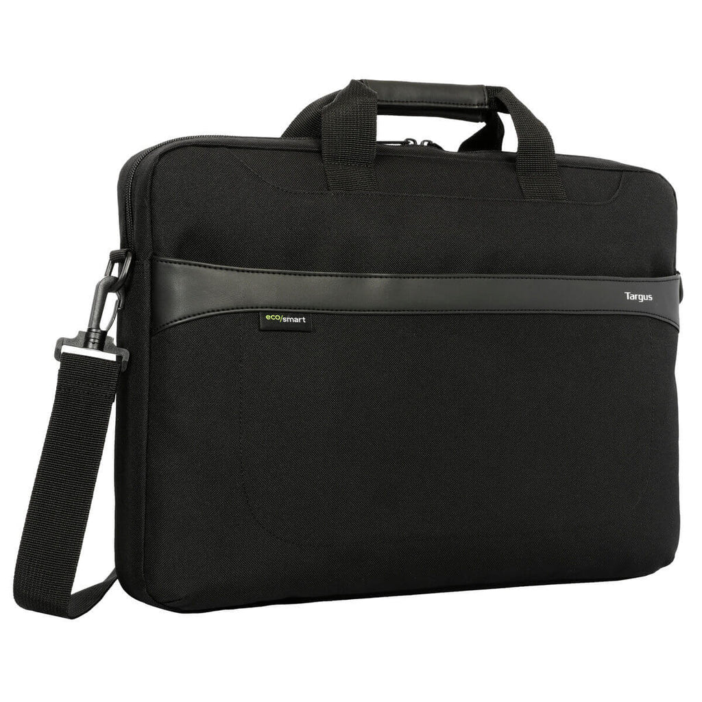 Bolsa para portátil Targus negra con asa y correa, fondo blanco.