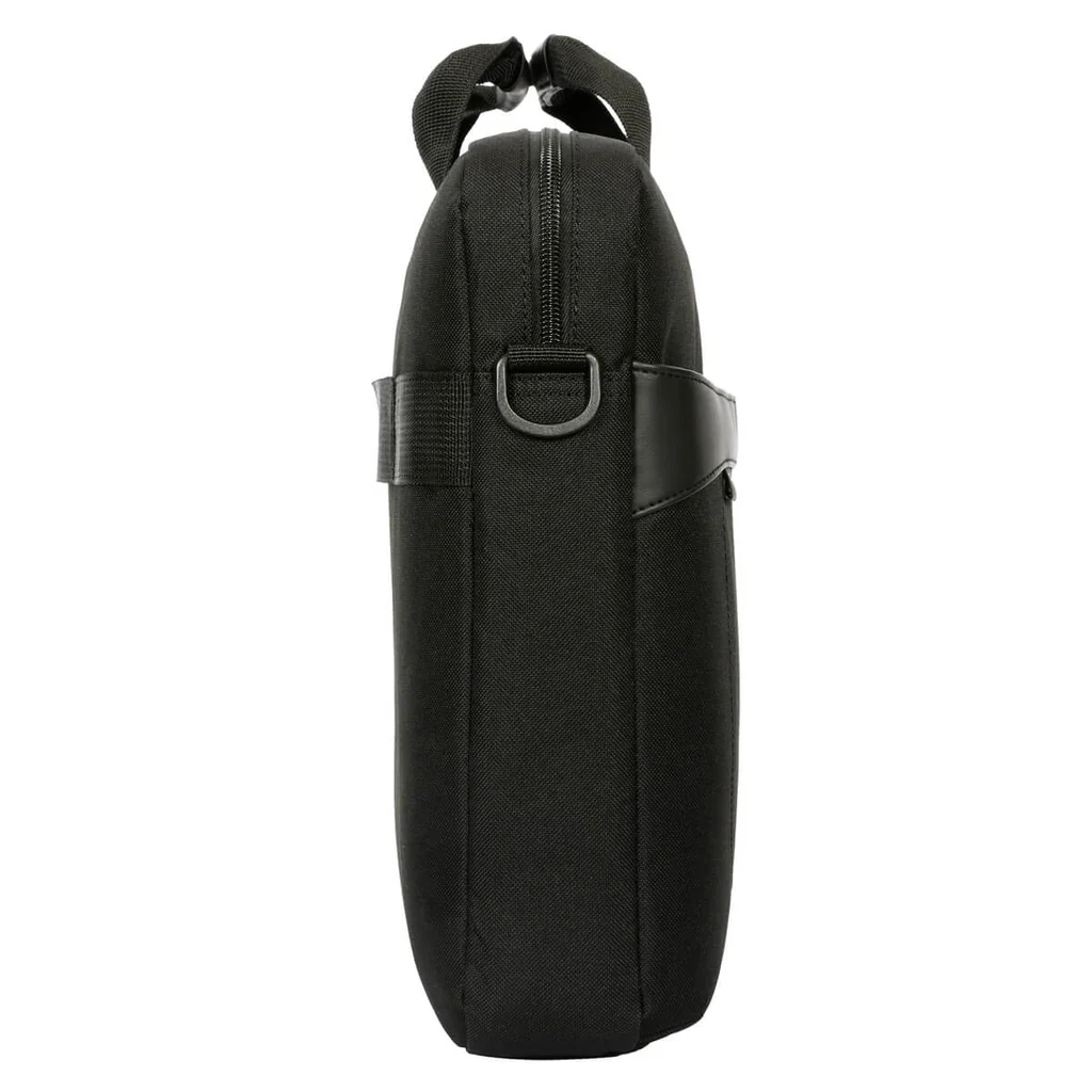 Bolsa negra para portátil, vista lateral, con asa, correa y cremallera.
