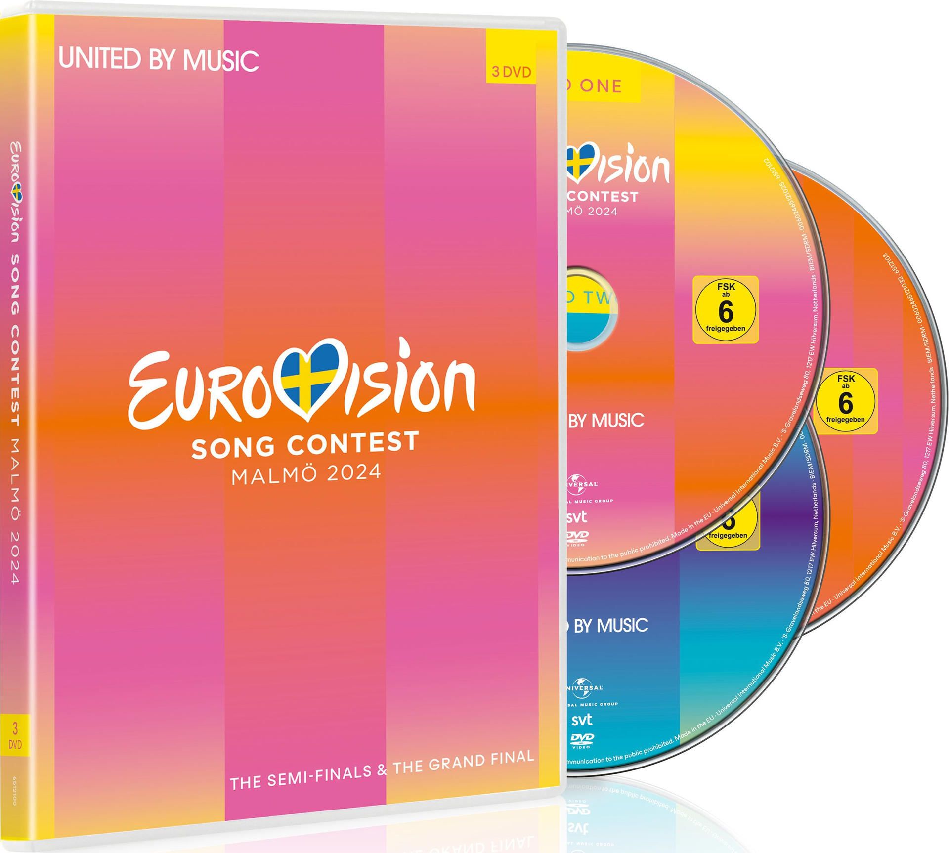 Eurovision Song Contest 2024 DVD-Set. Drei DVDs in einer Hülle mit Logo.