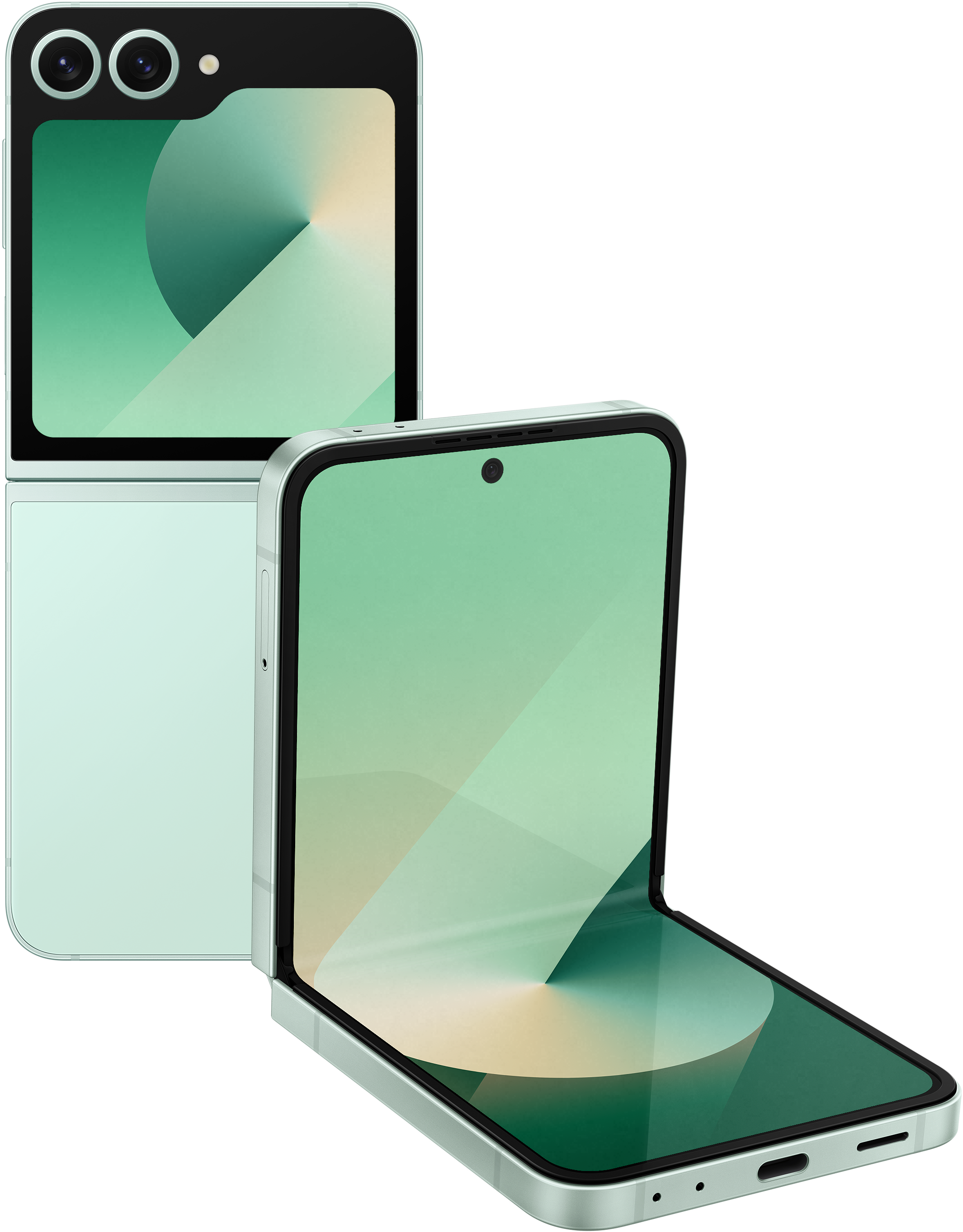 Mentazöld összecsukható okostelefon két kamerával. Egy telefon nyitva, egy csukva, mindkettő megdöntve.