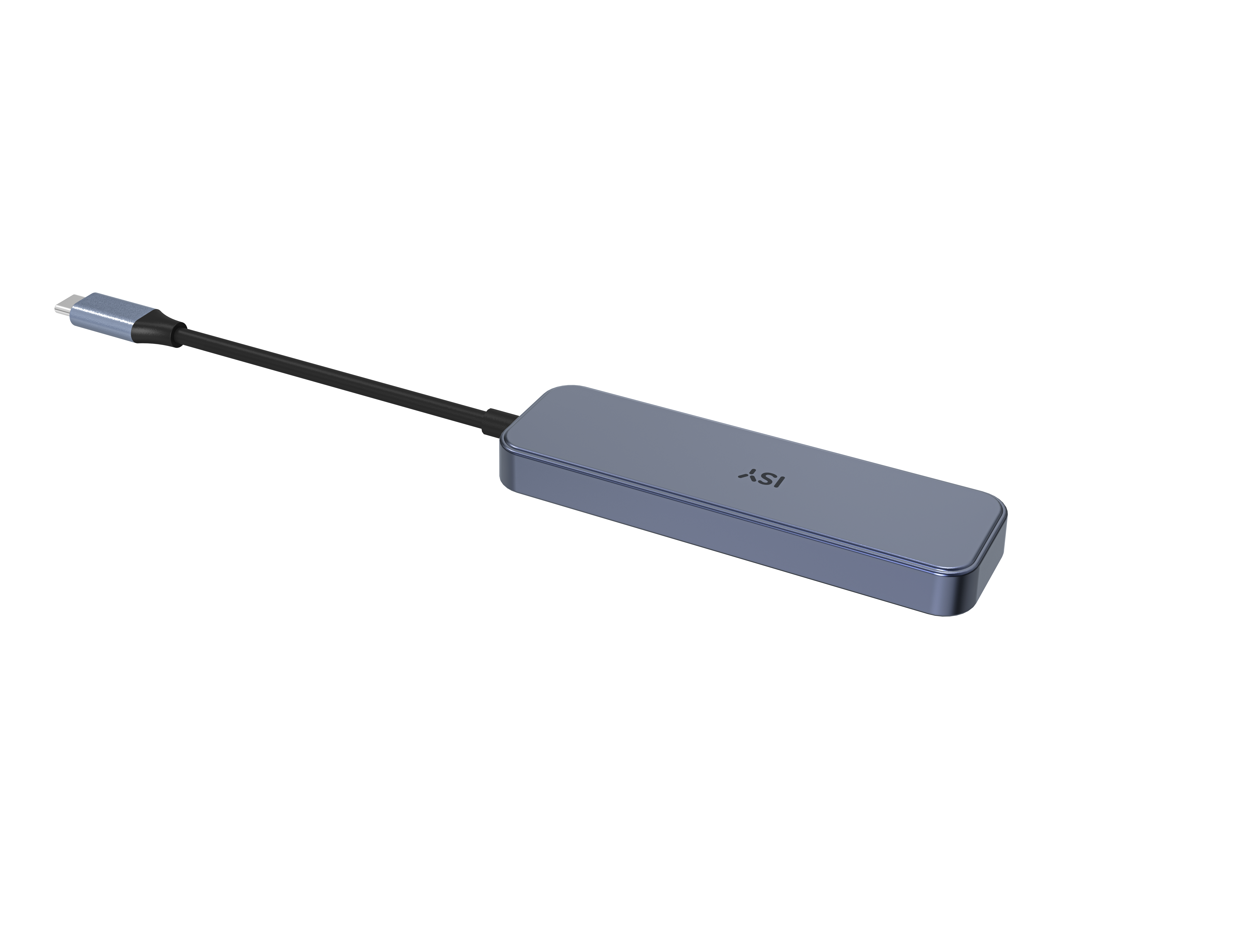 Ein blau-grauer USB-Hub mit angeschlossenem Kabel.