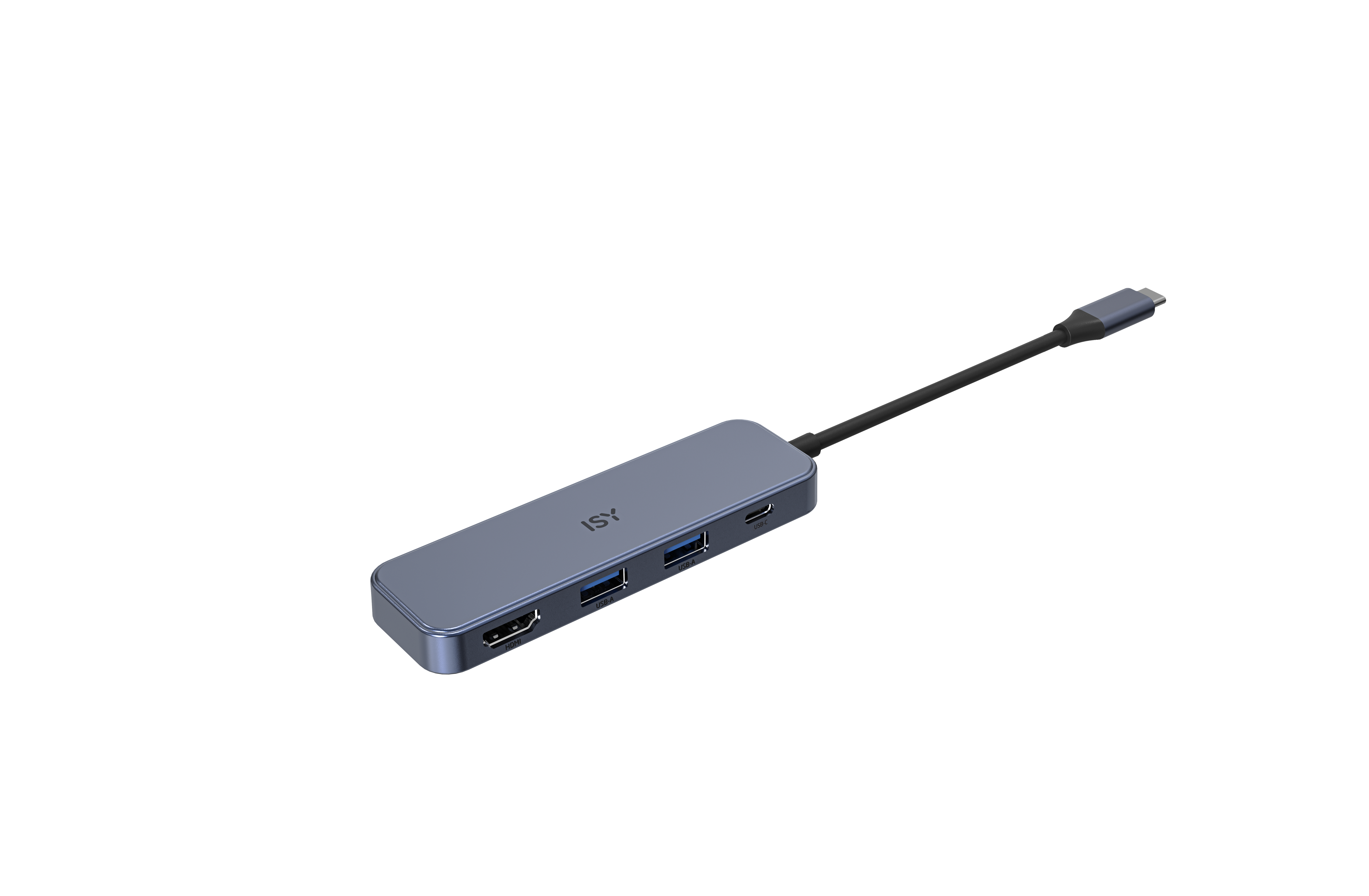 Ein grauer ISY USB-C-Hub mit mehreren Anschlüssen und einem schwarzen Kabel, isoliert auf weißem Hintergrund.