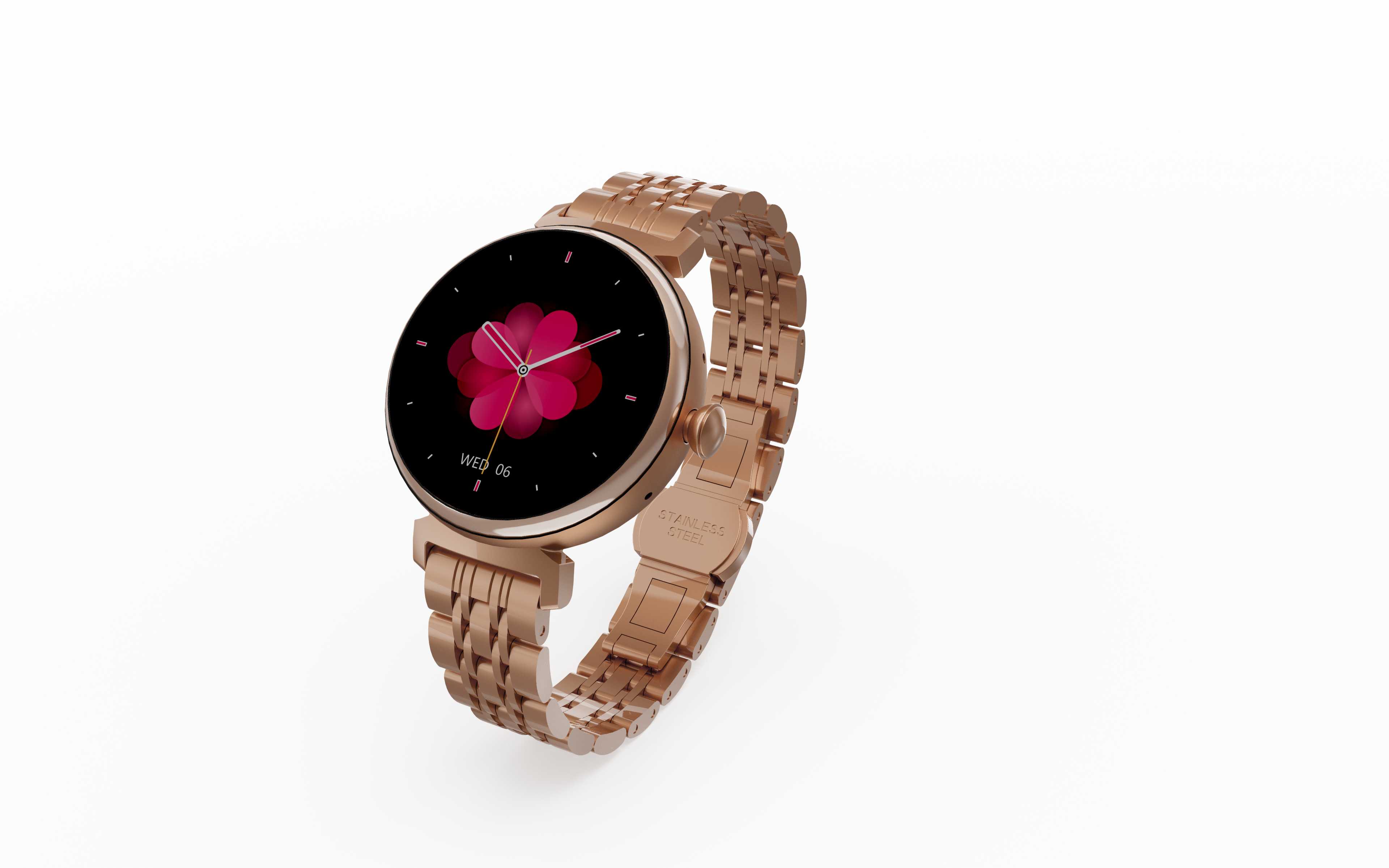 Zegarek smartwatch w kolorze różowego złota z różowym kwiatowym wyświetlaczem, na białej powierzchni.