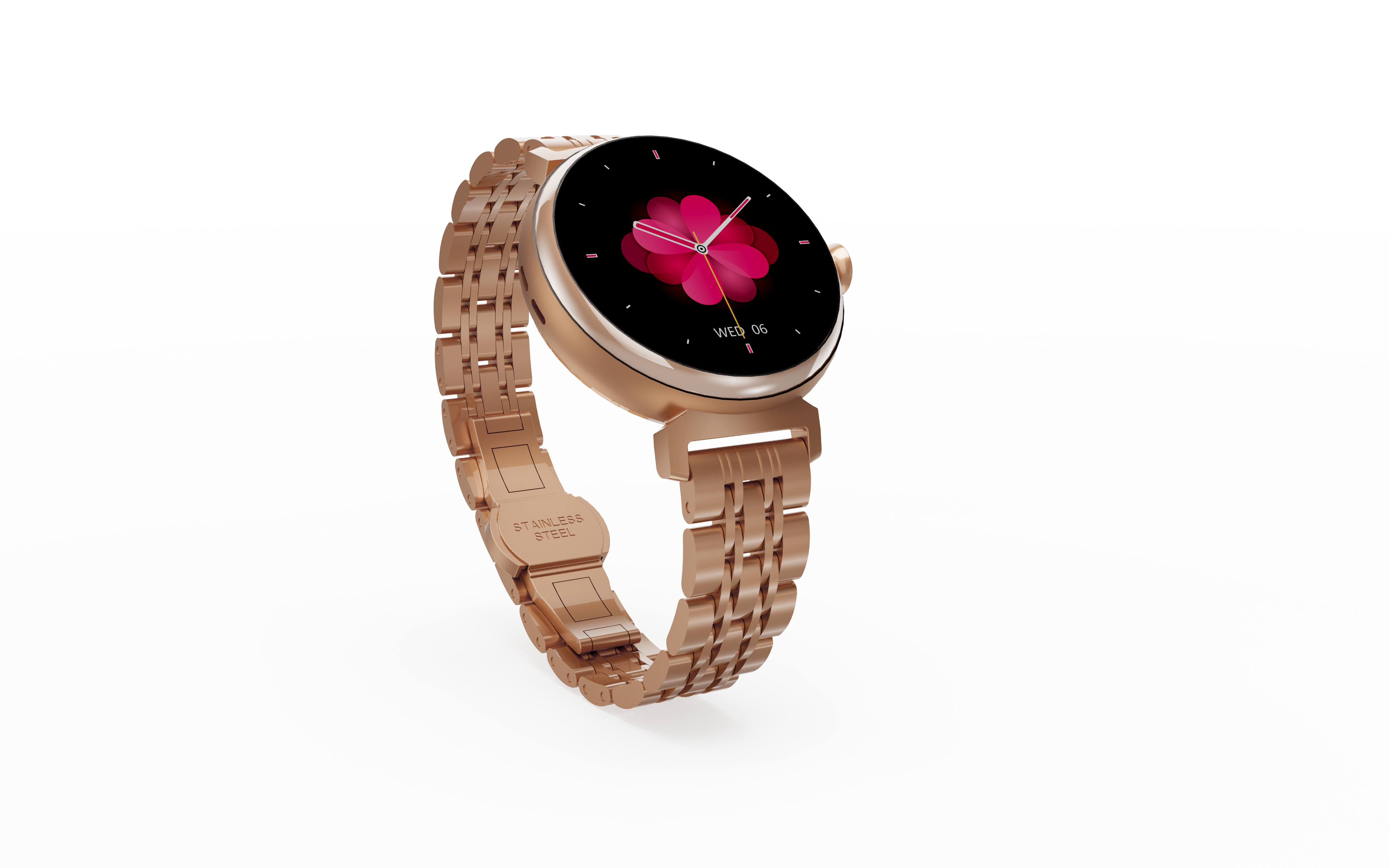 Zegarek smartwatch w kolorze różowego złota na białej powierzchni, z różowym kwiatowym wyświetlaczem, z bransoletką z różowego złota.