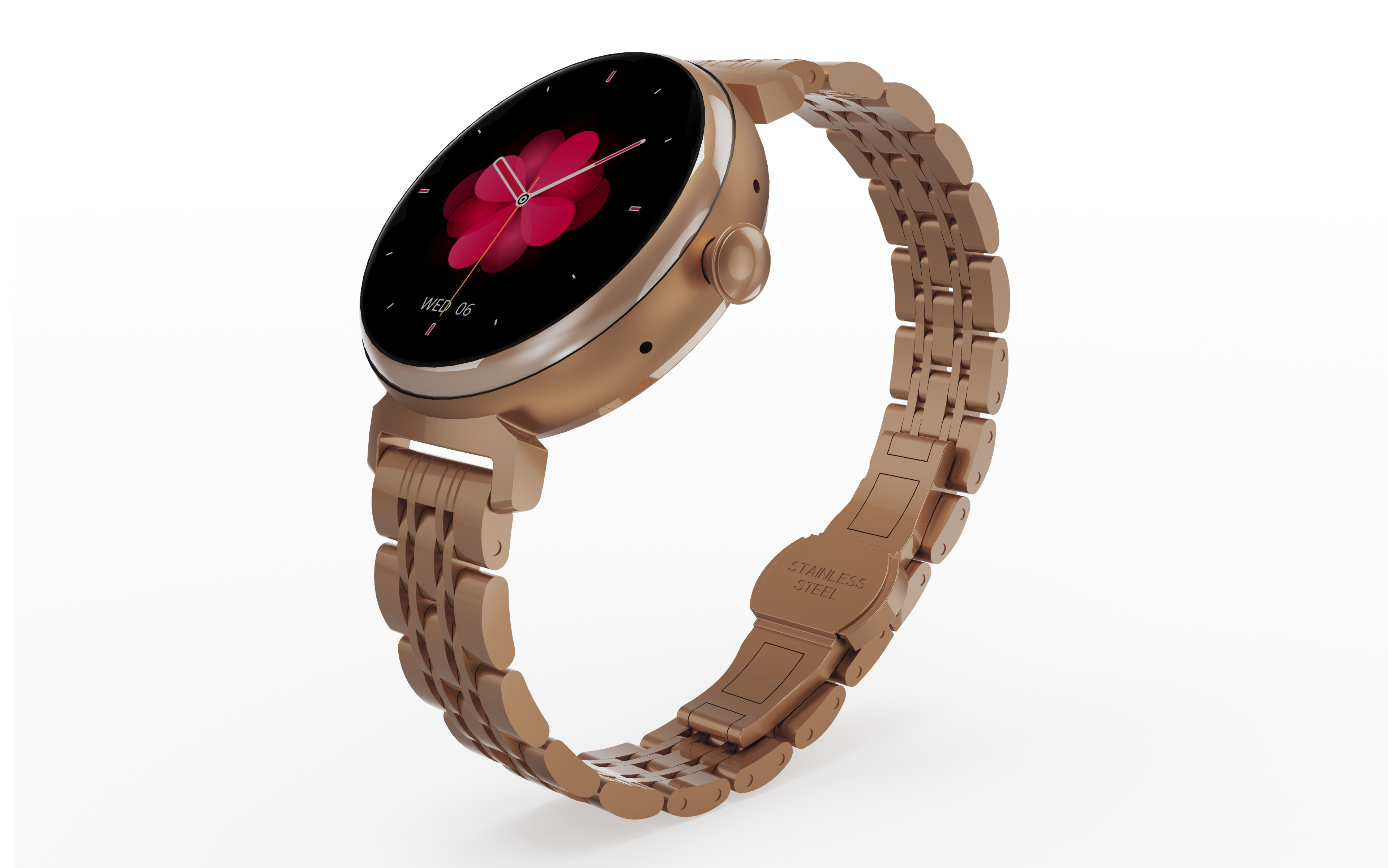 Zegarek smart w kolorze różowego złota z okrągłą tarczą i metalową bransoletą. Ekran z kwiatowym wzorem.