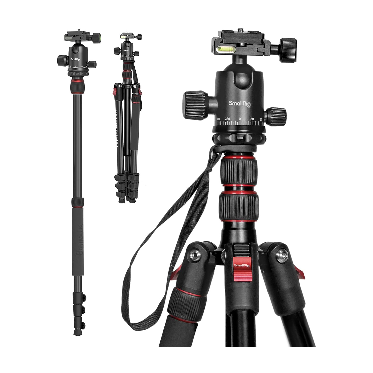 Un treppiede per fotocamera nero con tre gambe e una sezione alta separata con una fotocamera collegata.