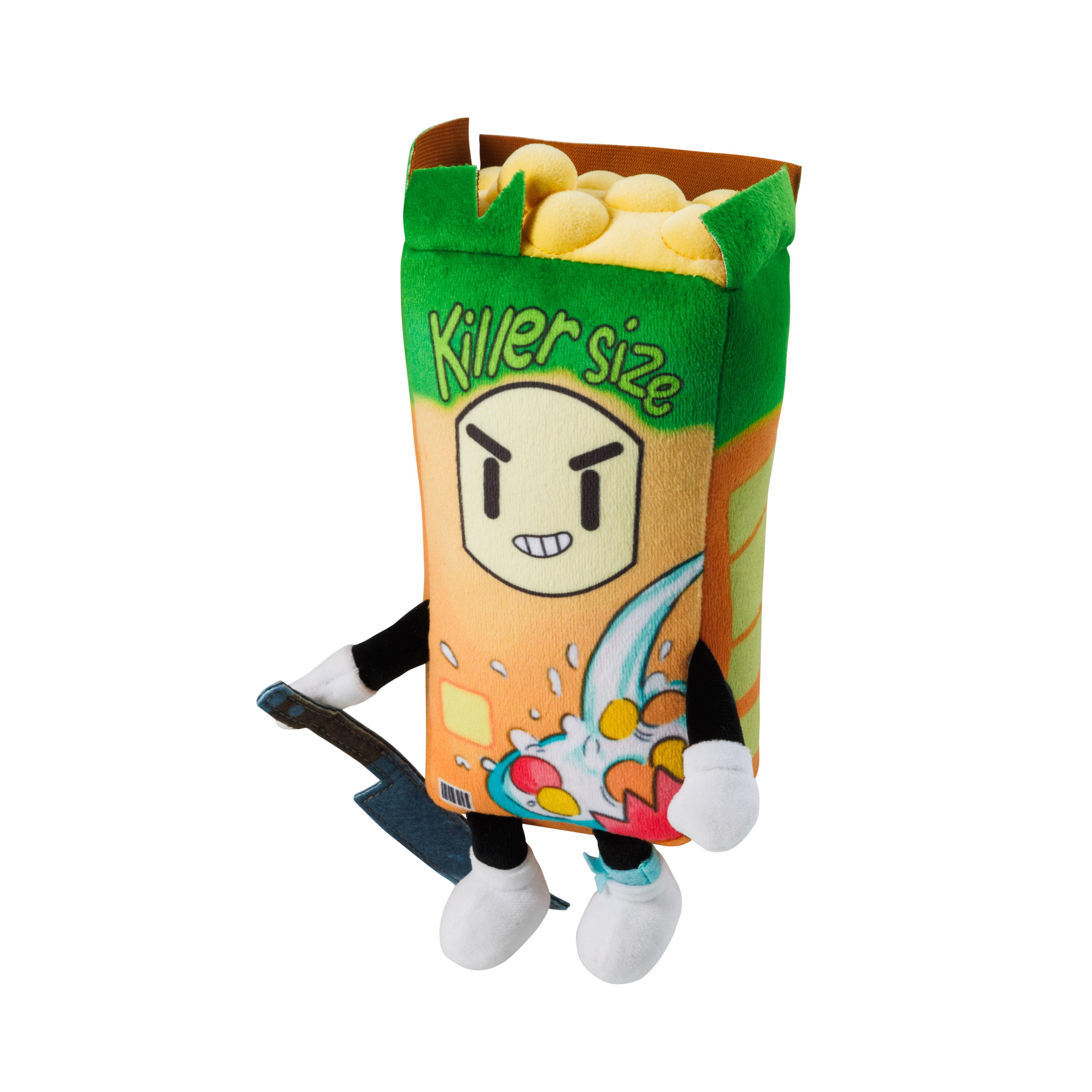 Ein Killer Size Popcorn-Plüschtier mit einem Messer. Der Hintergrund ist weiß.