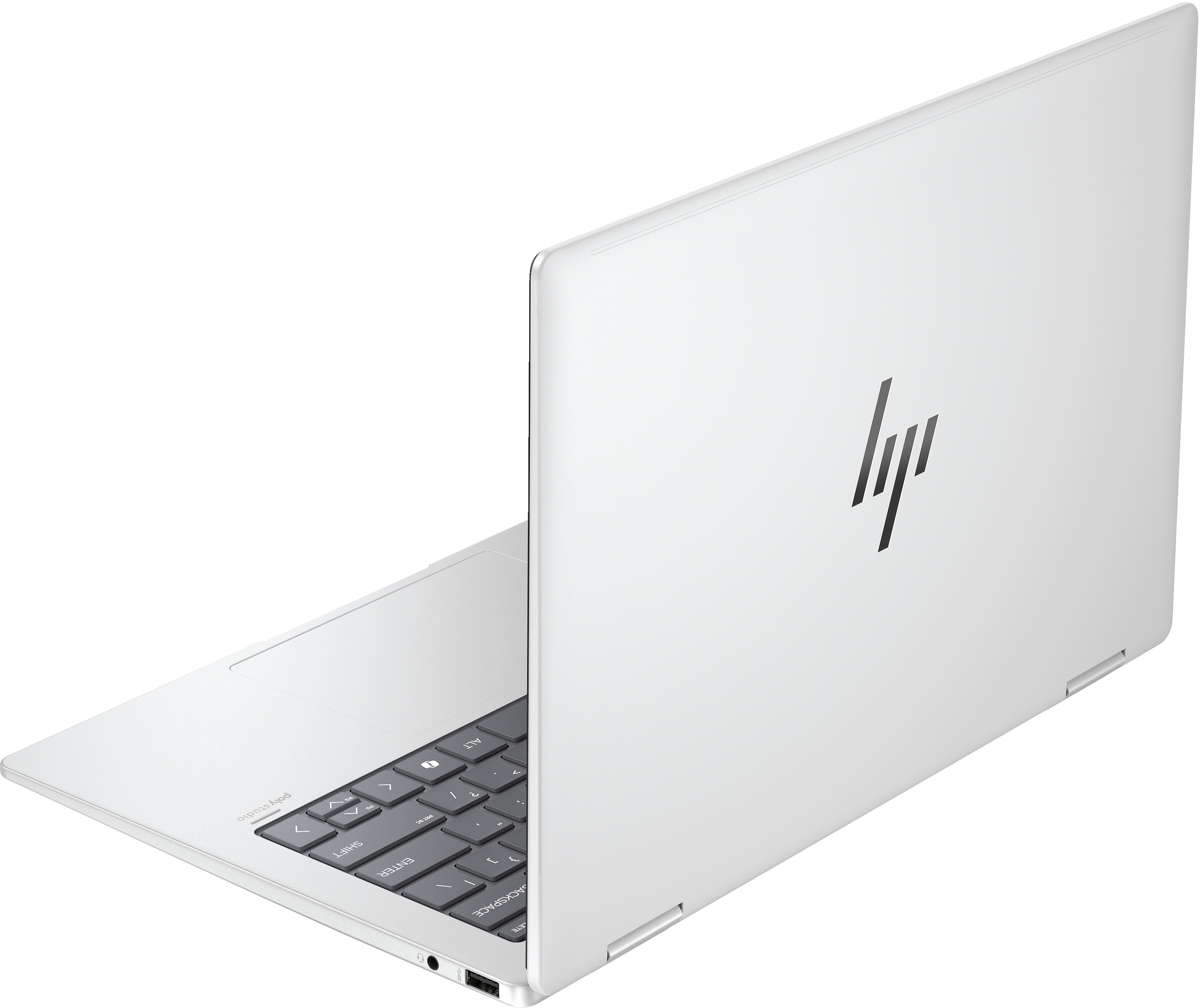 Weißer Laptop, geöffnet. HP-Logo auf der Rückseite, schwarzer Hintergrund.