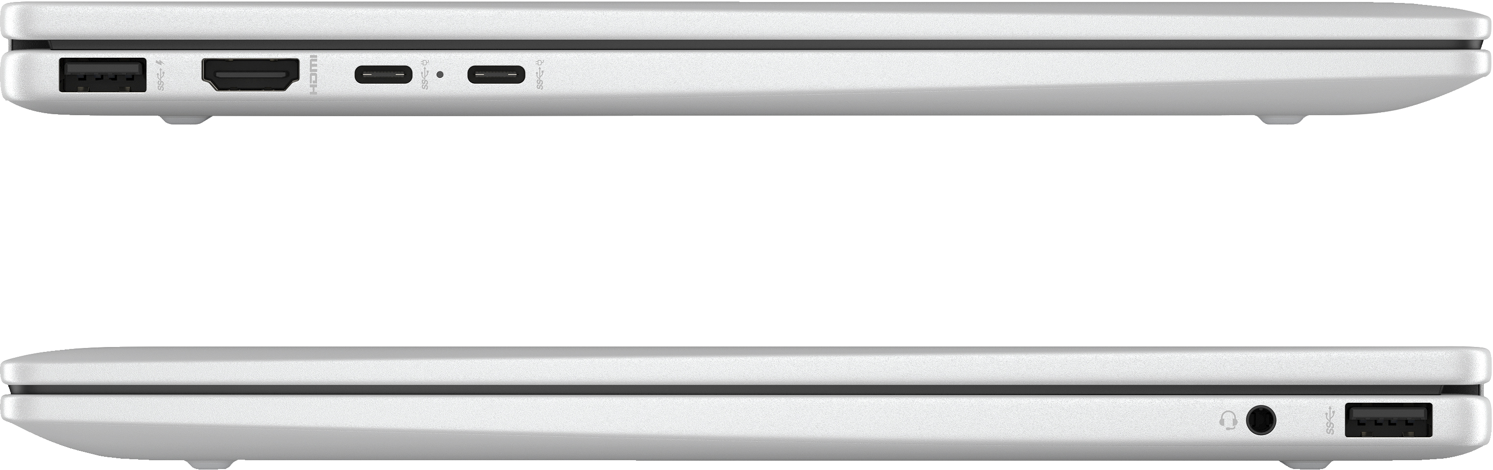 Ein weißer Laptop zeigt sein Seitenprofil mit mehreren sichtbaren Anschlüssen.
