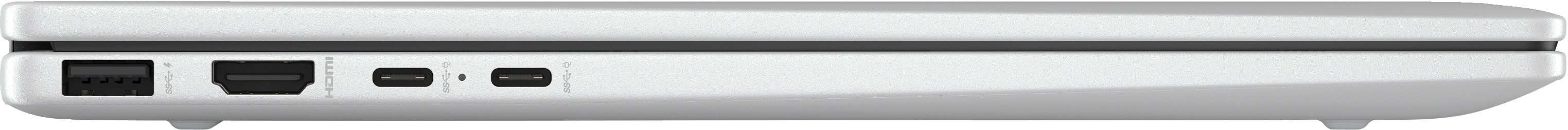 Seitenansicht eines geschlossenen Laptops. Sichtbare Anschlüsse sind USB, HDMI und USB-C.