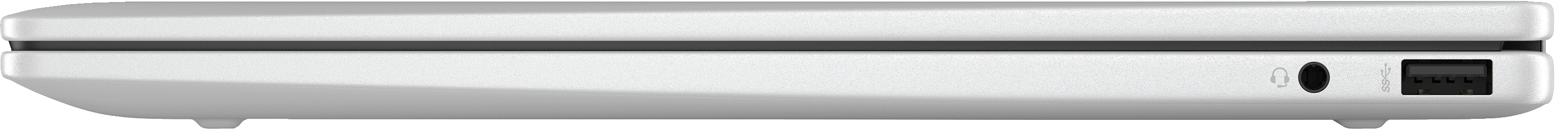 Seitenansicht eines silbernen Laptops mit Kopfhöreranschluss und USB-Anschluss.