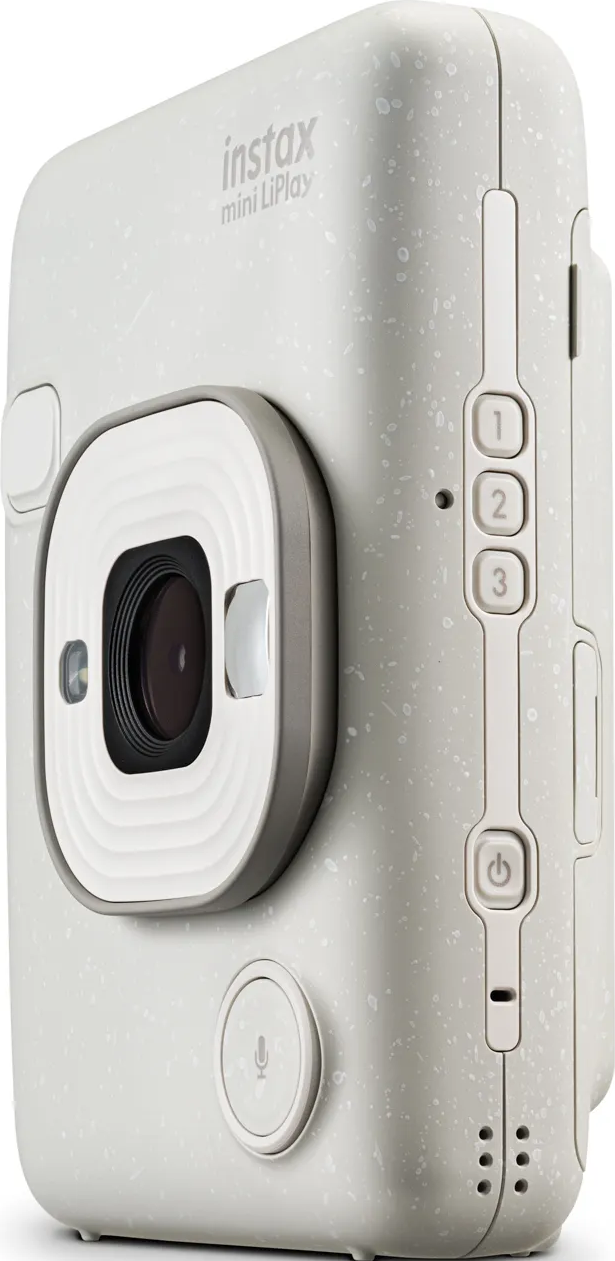 Instax Mini LiPlay Kamera, hellbeige mit drei Knöpfen und Objektiv. Weißer Hintergrund.