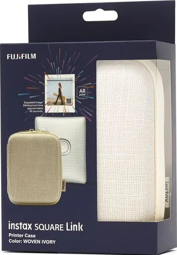 Eine Box mit einer Druckertasche und Zubehör. Die Tasche ist beige und hat ein klares Fenster.