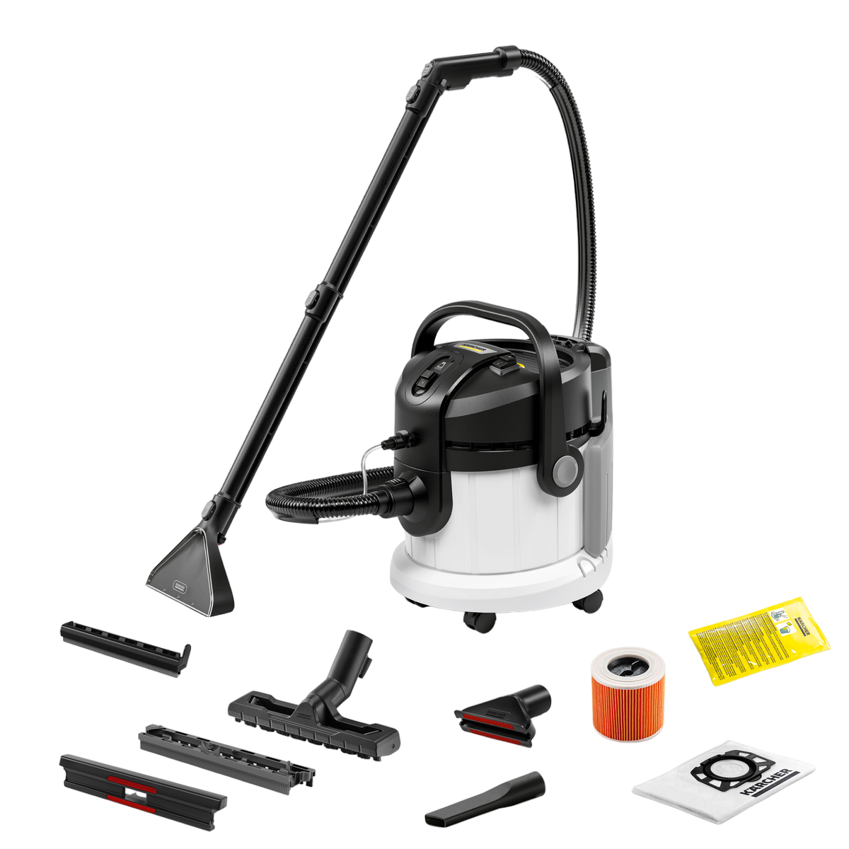 Staubsauger mit mehreren Aufsätzen. Schwarz-weißes Design. Weißer Hintergrund.