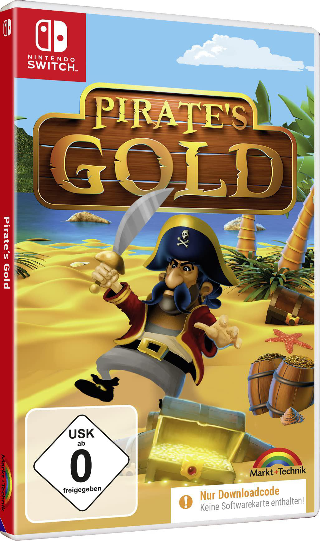 Spielbox: Pirate's Gold. Ein Cartoon-Pirat am Strand mit Schätzen und Palmen.