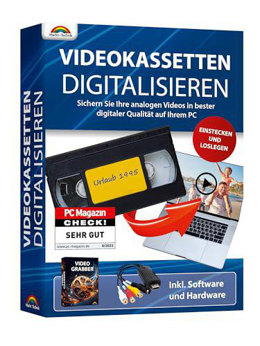 Box zur Digitalisierung von VHS-Kassetten mit Band, Laptop und Video Grabber.