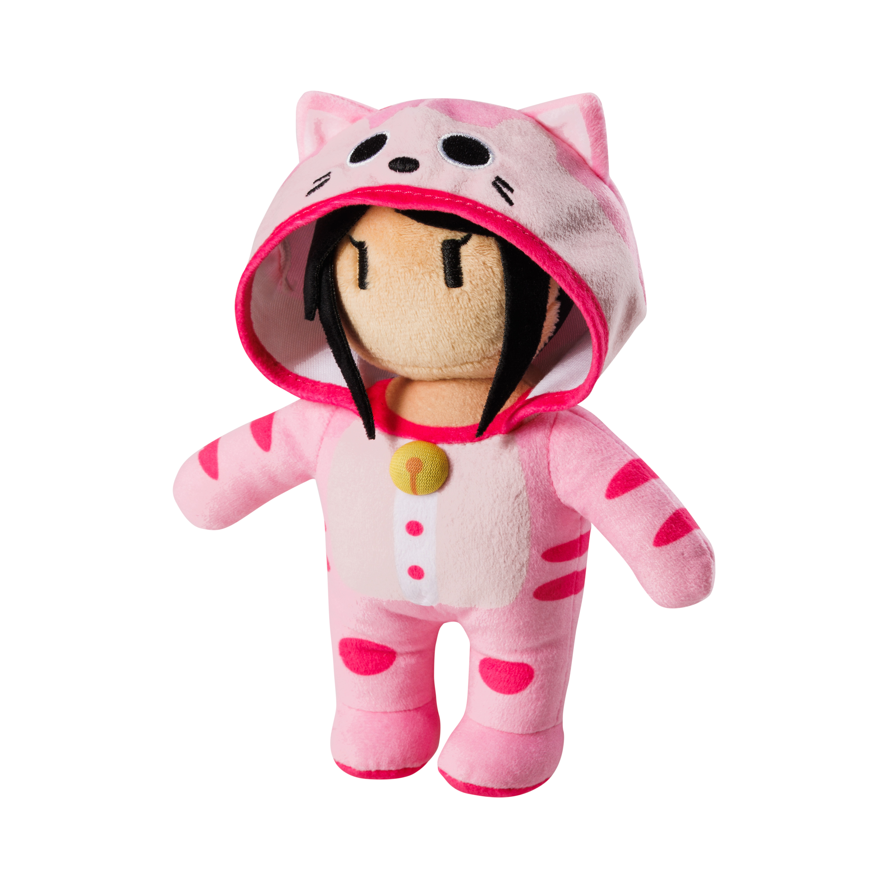 Rosa Katzenplüschpuppe mit Katzenkapuzenpullover und Kostüm. Hat eine gelbe Glocke.