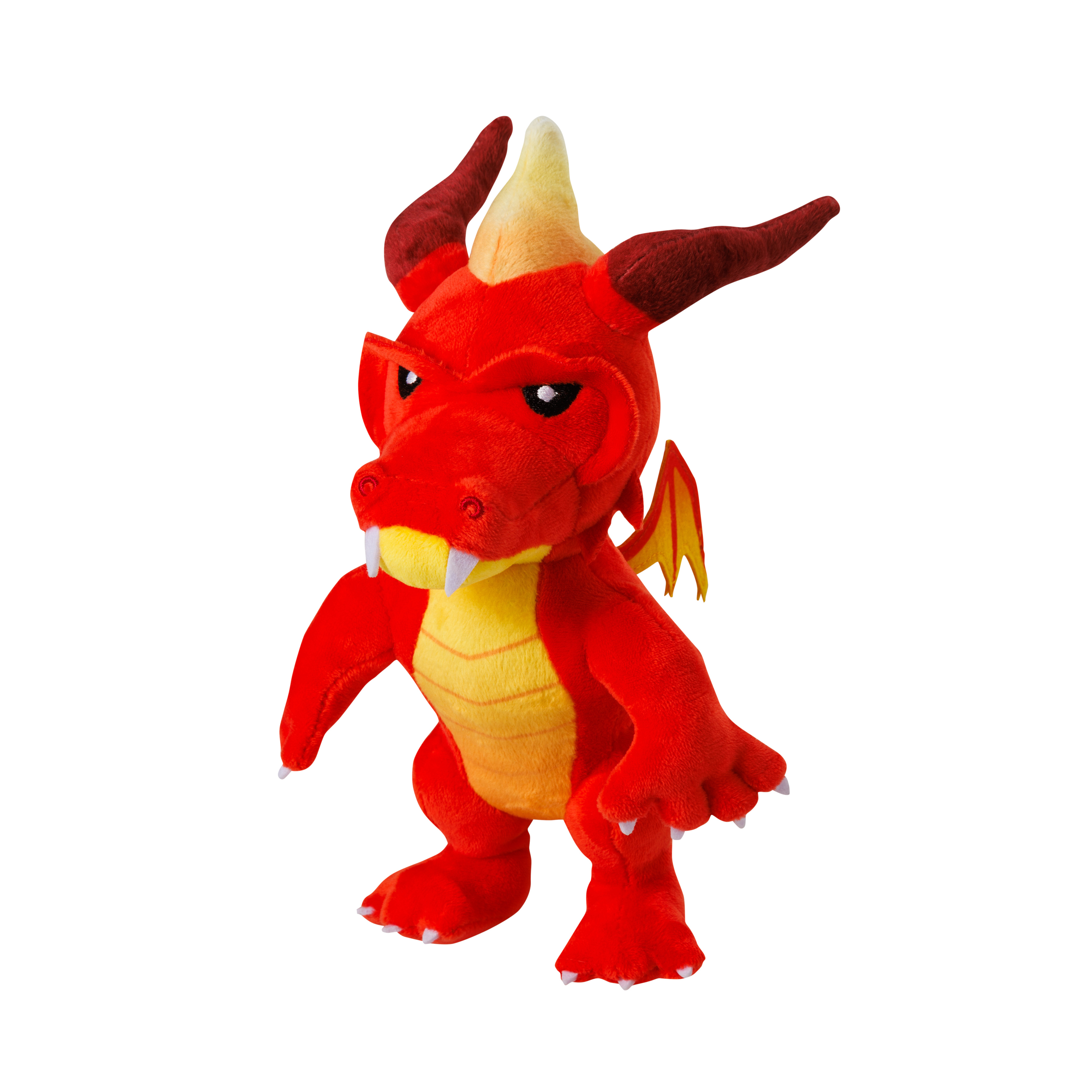 Roter Drachen-Plüschtier mit gelbem Bauch und Hörnern. Es ist auf weißem Hintergrund.