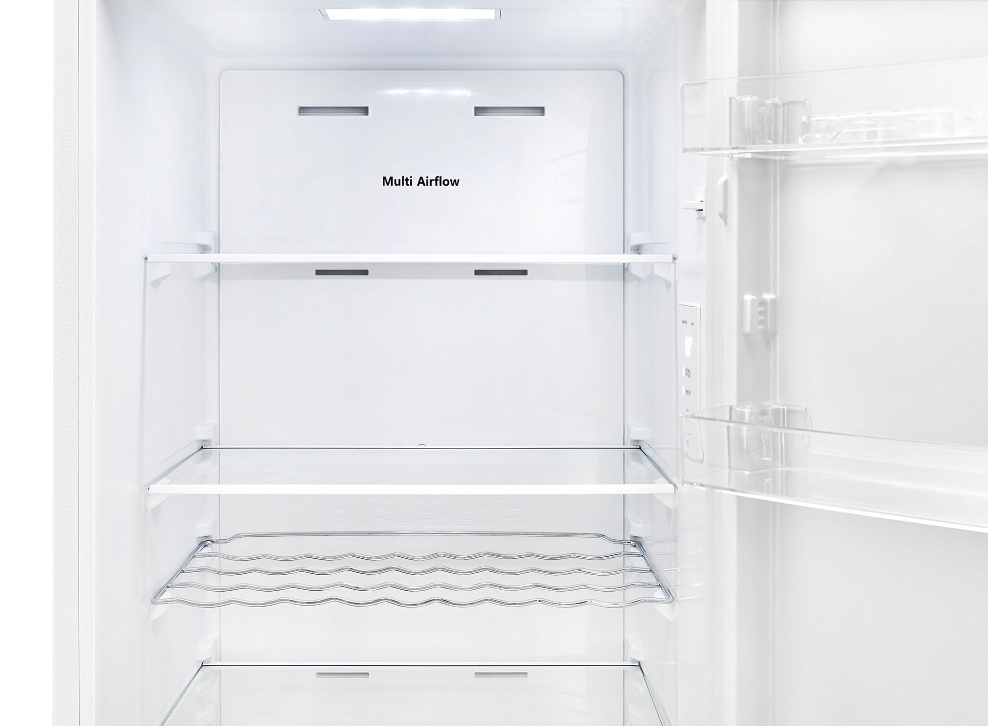 Ein leerer weißer Kühlschrank mit offener Tür und Glasböden.