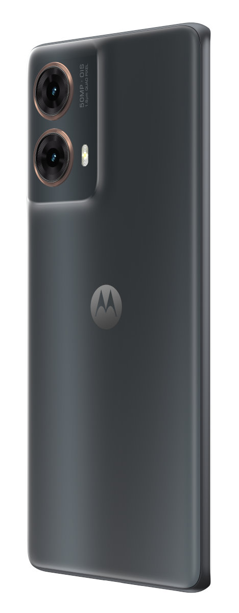 Ciemnoszary telefon Motorola z dwoma aparatami i logo Motorola.