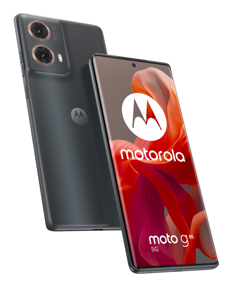 Smartfon z dwoma tylnymi aparatami i przednim aparatem, w ciemnoszarym kolorze, na białym tle.