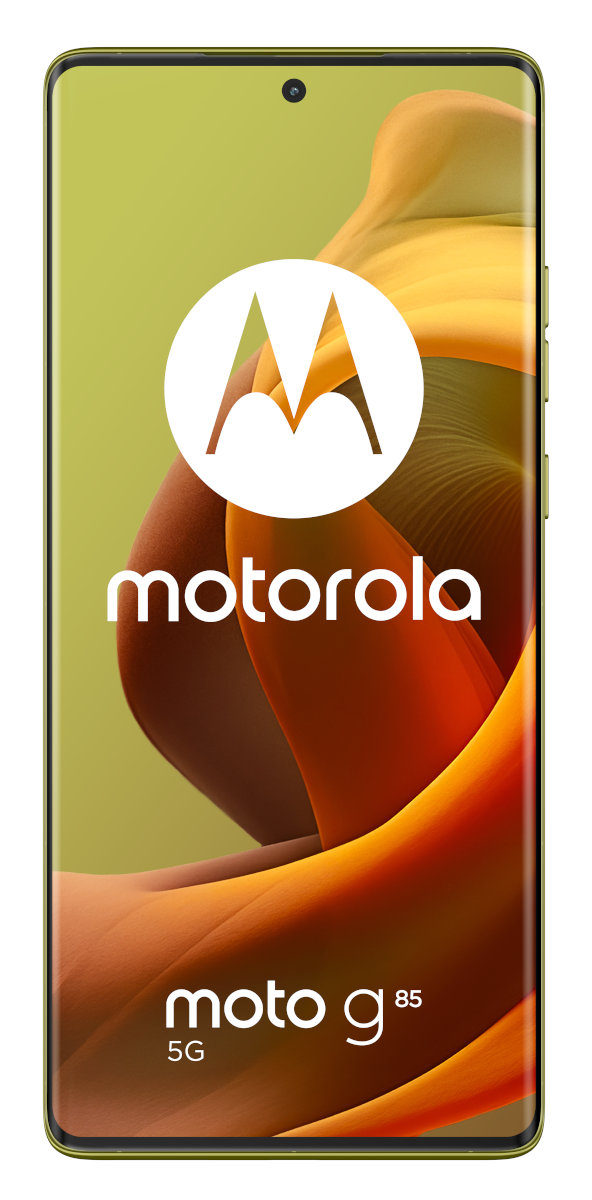Zielono-żółty smartfon Motorola z dużym logo Motorola na ekranie.
