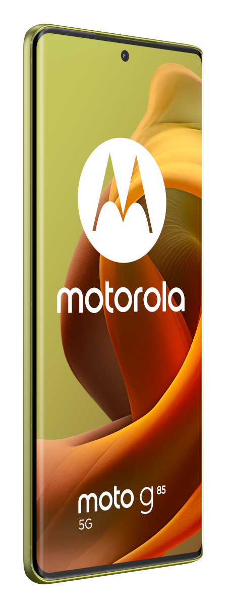 Zielono-żółty telefon Motorola z aparatem i logo na jasnym tle.