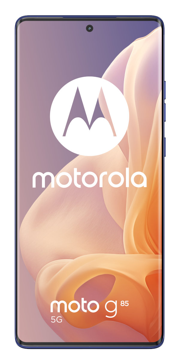 Smartfon Motorola moto g85 5G, na białym tle, z logo i tekstem marki.
