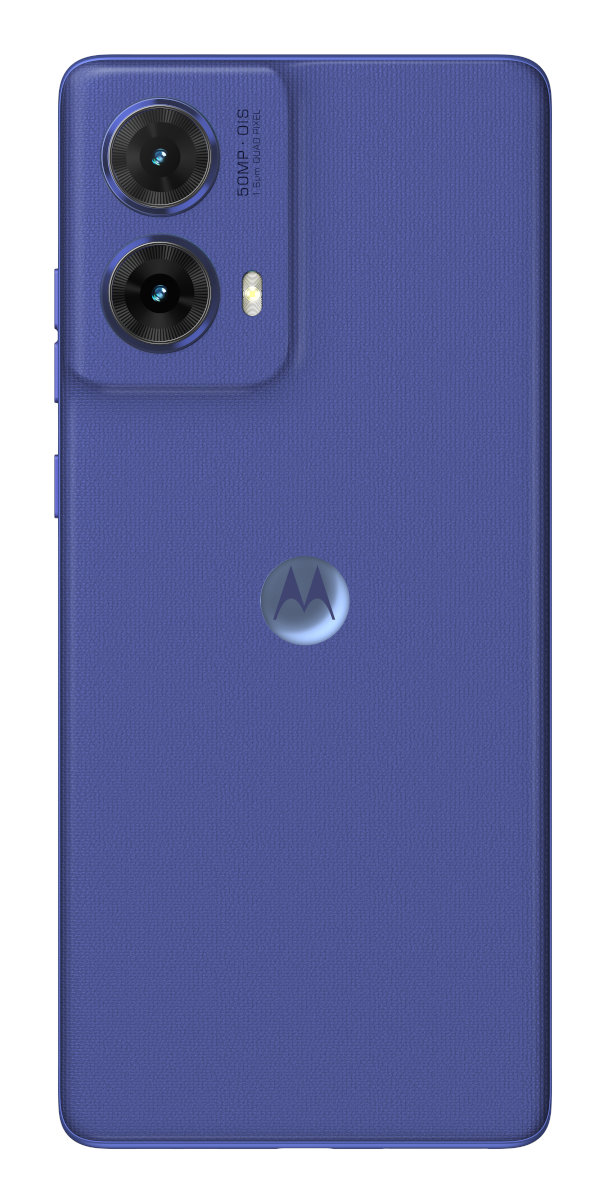 Tył niebieskiego smartfona z podwójnym aparatem, lampą błyskową i logo Motorola. Białe tło.