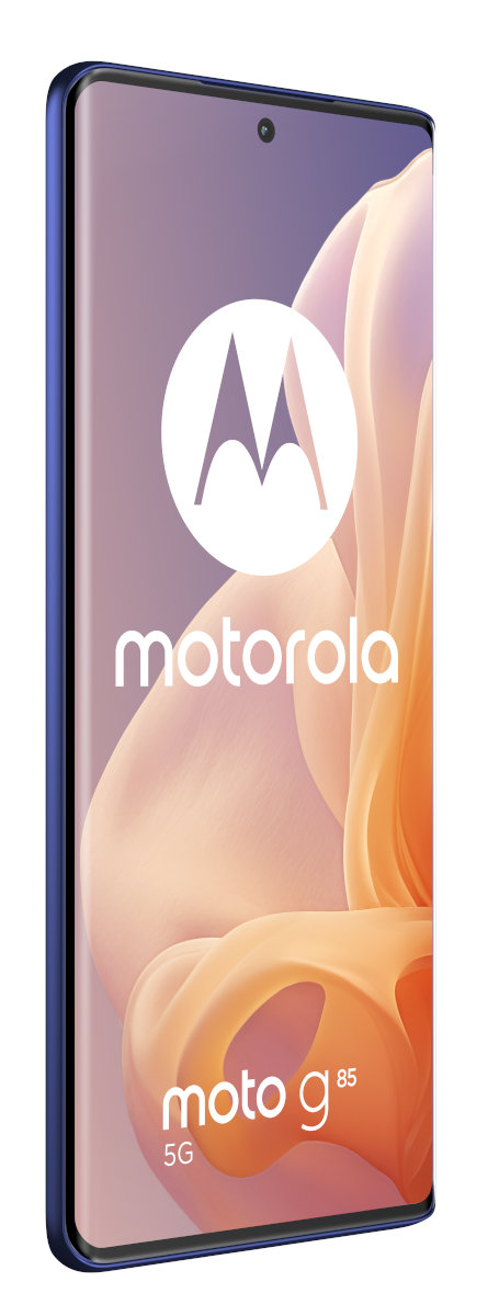 Niebieski telefon Motorola z dużym białym logo, na różowo-pomarańczowym tle.