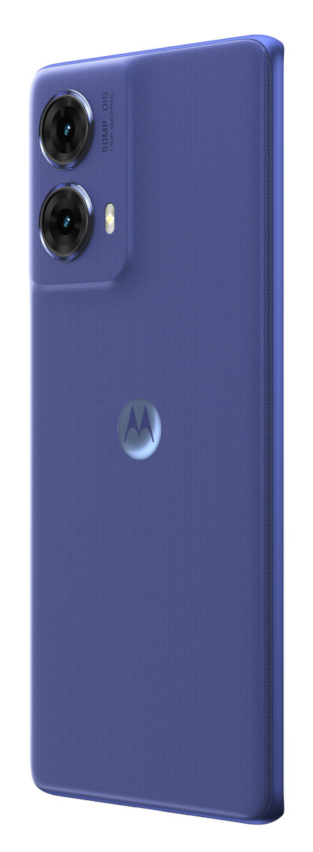 Niebieski smartfon, dwa tylne aparaty, logo Motorola z tyłu.