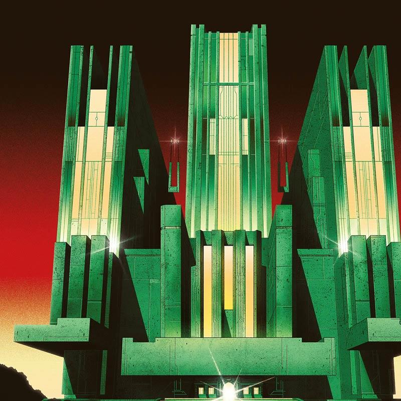 Eine grüne und gelbe futuristische Gebäudeillustration mit rotem und schwarzem Himmel.