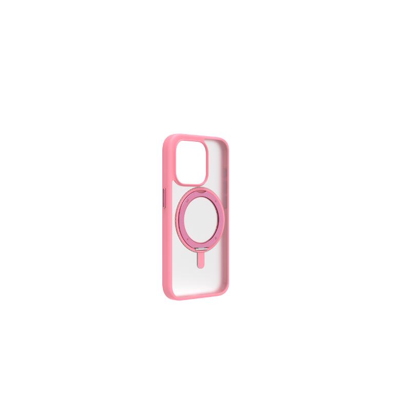 Siyah bir arka plan üzerinde MagSafe için şeffaf bir arka kısma ve pembe bir daireye sahip pembe bir telefon kılıfı.