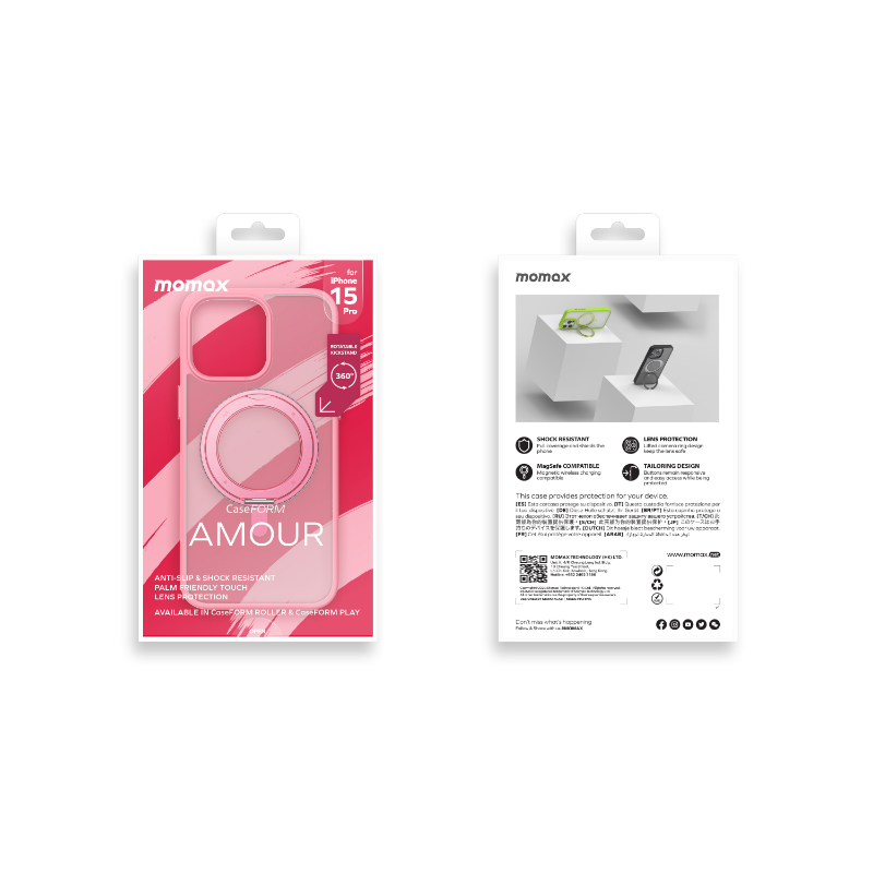 Ön ve arkasında bir telefon kılıfı ve bilgiler bulunan pembe telefon kılıfı ambalajı.