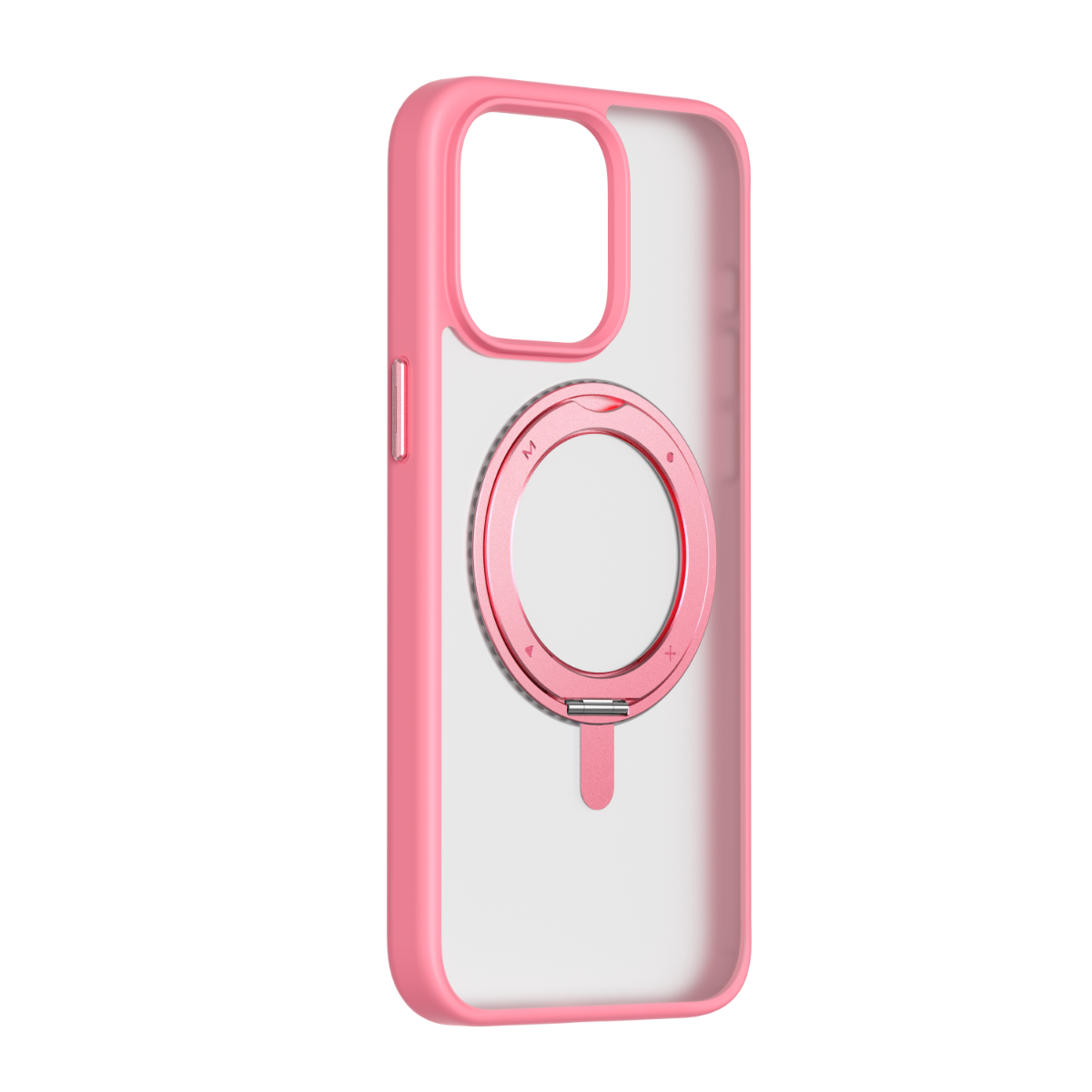 Beyaz zemin üzerinde manyetik halkalı pembe bir telefon kılıfı.